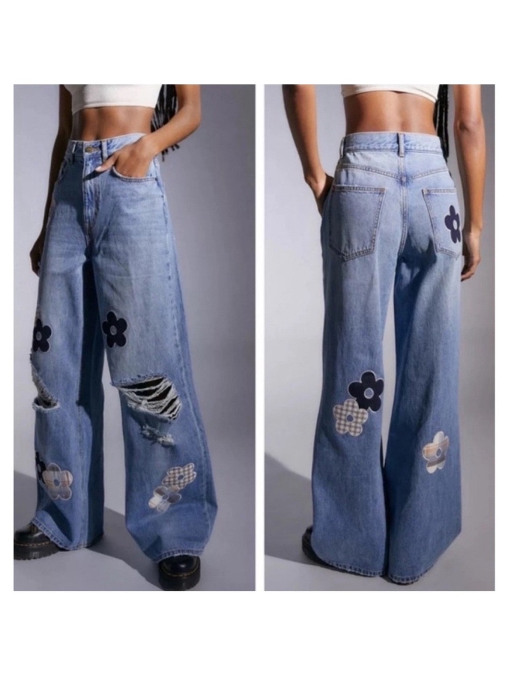 BDG Skater Baggy Jeans Size 27 Floral Applique Distressed Y2K Wide Leg